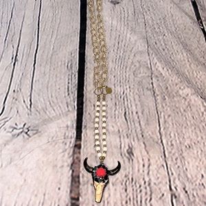 Tweeds & Beads Pink Longhorn Cow Skull Long Gold Tone Cream Bead Necklace